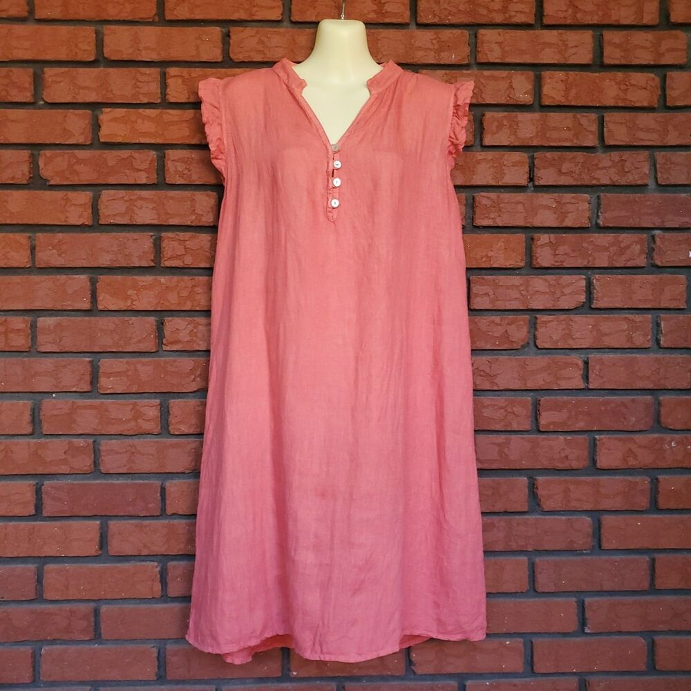 Rosemarine Linen Shift Dress Sz XL Coral Pink V Neck Ruffle Cap Sleeve Coastal